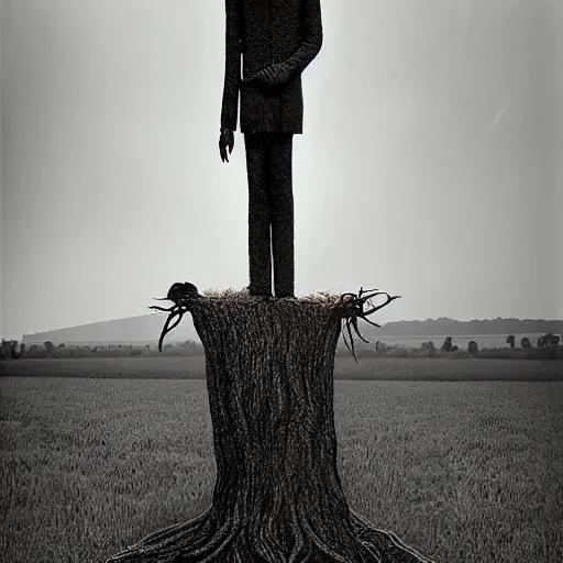 Image similar to slenderman, tan by elliott erwitt, by martin wittfooth aesthetic, highly detailed. a land art of a woman standing in a field of ashes, her dress billowing in the wind. her hair is wild & her eyes are closed, in a trance - like state. dark & atmospheric, ashes seem to be alive, swirling around.