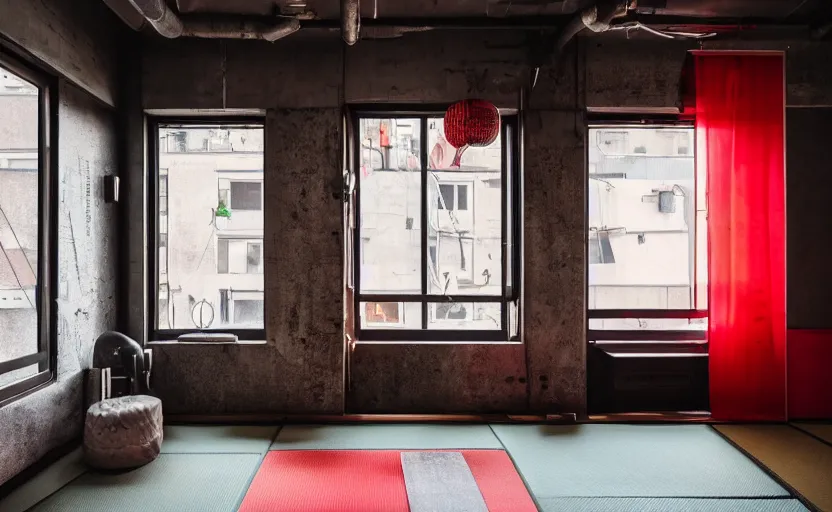 Prompt: maximalist interior of a japanese bedroom, concrete, neon signs, old brick walls, rough wood, grey, anthracite, red, akihabara style, swedish style, window with a view of apartment blocks