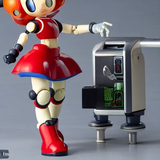 Image similar to photo of figma figures in a diorama of a laboratory : : roll is repairing computers, and she is a cute female ball - jointed robot ( in the style of mega man ) with blonde hair with bangs and a ponytail tied with a green ribbon. she is wearing a red one - piece dress with a white collar, and red boots.