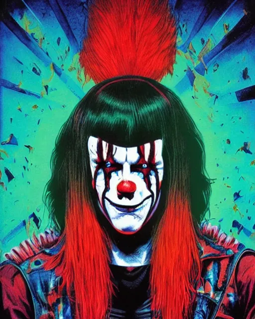 Prompt: trent reznor with long hair as a psycho clown, horror, high details, bright colors, striking, intricate details, by vincent di fate, artgerm julie bell beeple, 1 9 8 0 s, inking, vintage 8 0 s print, screen print
