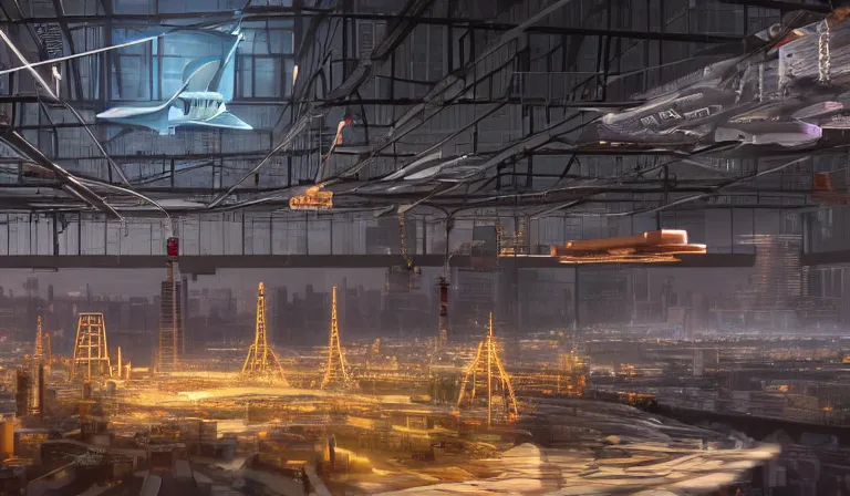 Image similar to group of people in simple warehouse, looking at hologram of futuristic city on a table, cinematic concept art, godrays, golden hour, natural sunlight, 4 k, clear details, tabletop model buildings, center model buildings, hologram center, crane shot, crane shot, crane shot