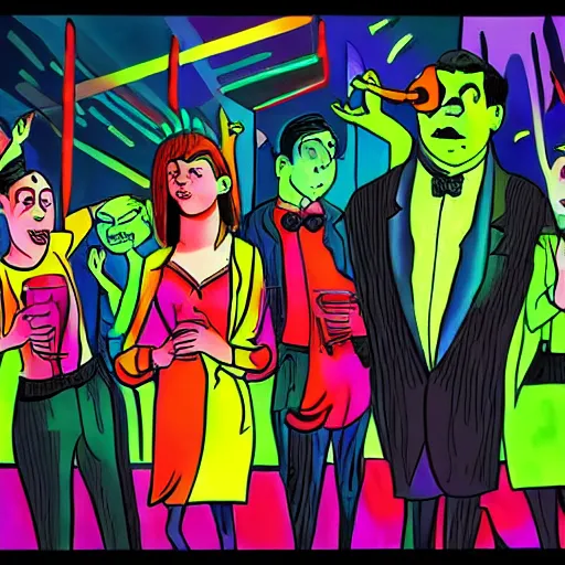 Prompt: young people in a fancy nightclub dancing and drinking, partylights, great colors, in the style of charles addams, trending on artstation