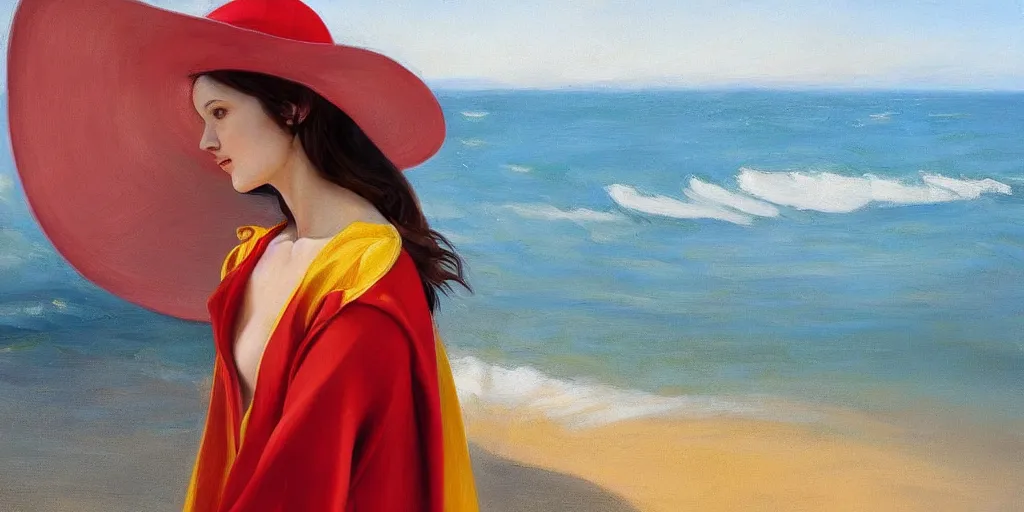 Prompt: beautiful oil matte portrait painting, young woman with red dress and mustard yellow summer hat at a beach on a sunny day, wonderful masterpiece highly detailed, beautiful cinematic light deep focus, elegant, digital painting, smooth, sharp focus, golden ratio, dramatic illumination, ultra realistic, 8 k, art by jimmy law and caravaggio