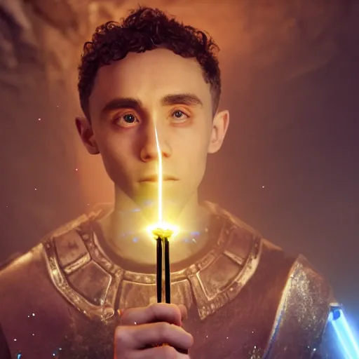 Prompt: Olly Alexander wearing a warriors tunic, holding a small glowing red magical wand with electrical bolts emitting from it. In a cave made of ice. Trending on Artstation, octane render, ultra detailed, art by Ross tran