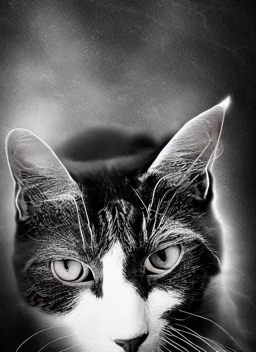 Image similar to cinematic shot epic black and white cat, hyper realistic, mood lighting, fantasy, detailed cat, highly detailed, super realistic, perfect lighting pixel sorting, style sheet