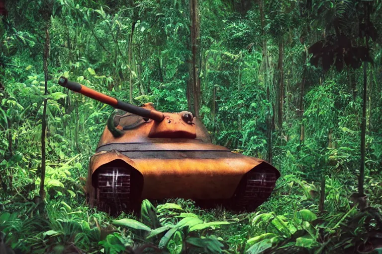 Prompt: colorful pokemon that looks like a military tank, lush jungle scene, post apocalyptic, shot on film