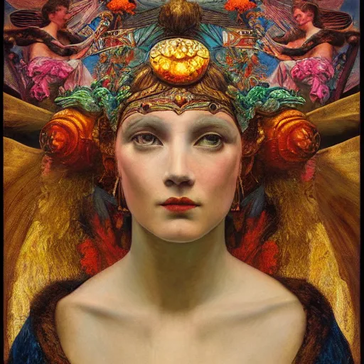 Image similar to goddess of the lost city, by Annie Swynnerton and Diego Rivera and Tino Rodriguez and Maxfield Parrish, elaborate headdress and embroidered velvet, iridescent beetles, rich color, dramatic cinematic lighting, extremely detailed