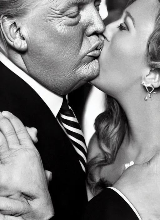 Prompt: beautiful professional romantic portrait photo of donald trump kissing donald trump.