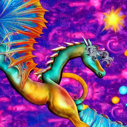 Prompt: A miniature dragon riding a pony, psychedelic background