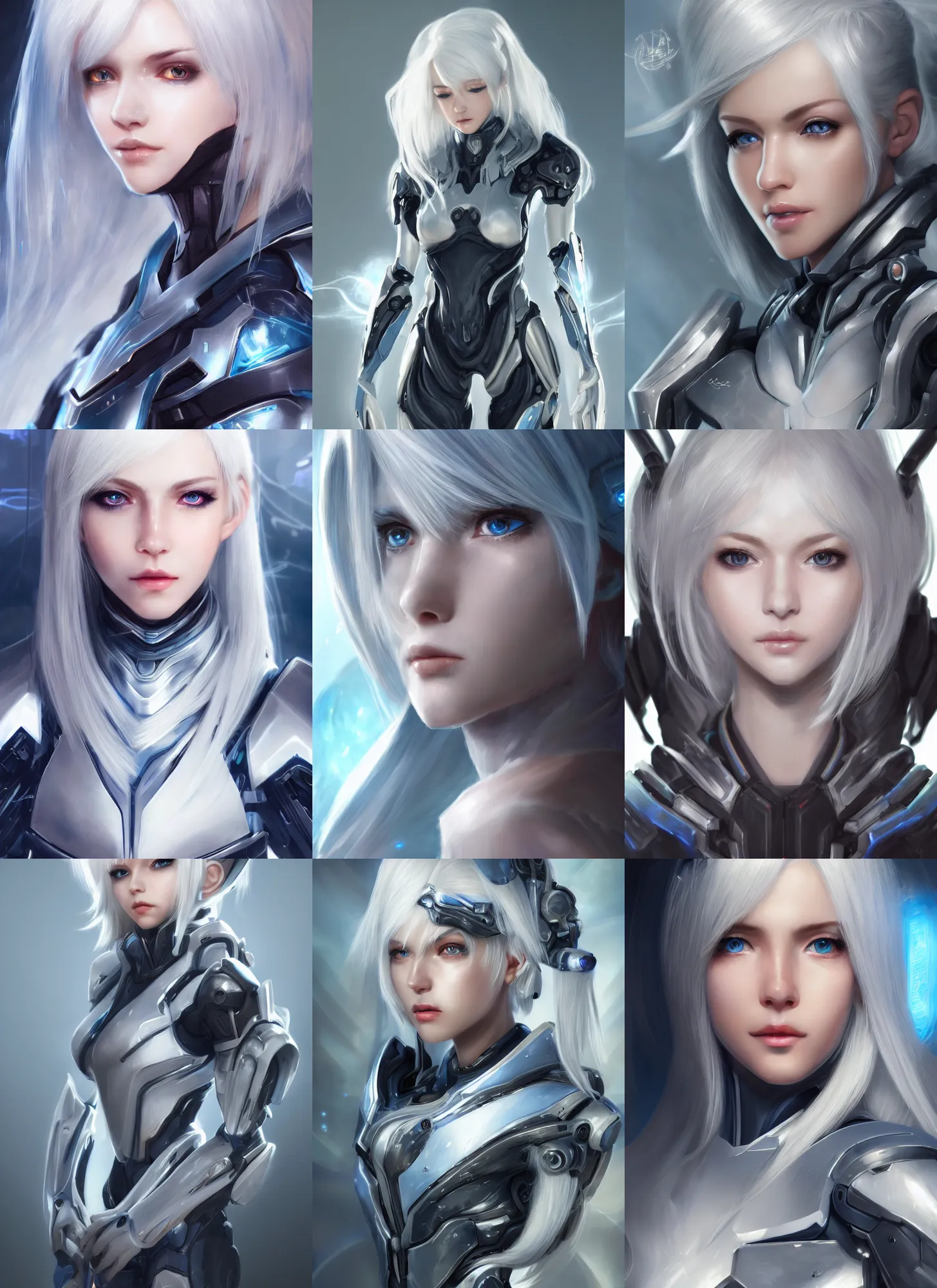 Image similar to detailed portrait of perfect white haired girl, android, warframe armor, beautiful, pretty face, blue cyborg eyes, innocent, scifi, 4 k, sun yunjoo, ultra realistic, aura of light, cinematic lighting, highly detailed, sharp focus, artstation, masterpiece, art by hyungjin yang