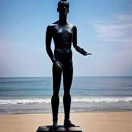 Prompt: “ a realistic detailed photo of a guy who is an attractive humanoid who is half robot and half humanoid, who is a male android, soccer player antoine griezmann, shiny skin, posing like a statue, blank stare, at the beach, on display ”