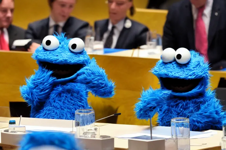 Prompt: Cookie Monster gives a talk at the UN