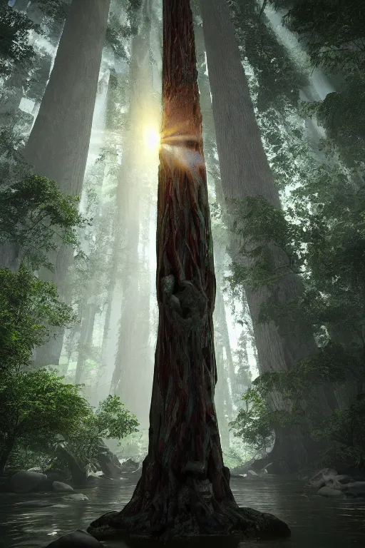Prompt: In some of the column carved with Norse gods there is a huge glowing redwood, light filtering through the gaps in the leaves, Sparkling in the flowing creek, Tyndall effect, hone finished, concept art, fantasy, unreal engine, octane render, cinematic shot, 8K, hyper detailed, crepuscular ray, low angle, superwide shot, lunapunk