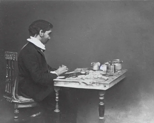 Image similar to an early 1800s photo of someone sitting at a computer making a donut in blender