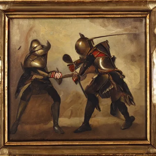 oil painting of two people in torn armor fighting with | Stable ...