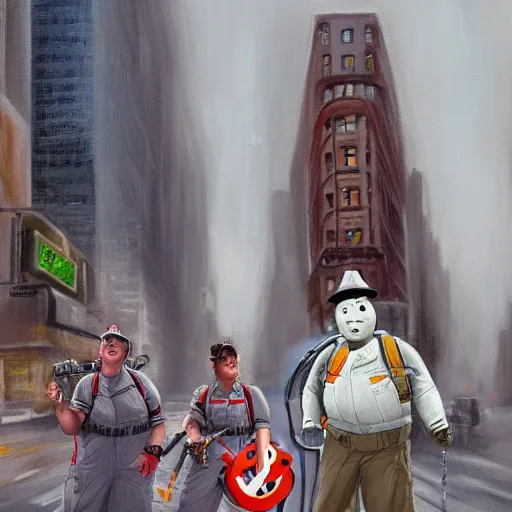 Prompt: the ghostbusters stay puff marshmallow man wearing timberland shoes and hat while smoking a joint and walking in new york city, highly detailed portrait, digital painting, artstation, artstation hq