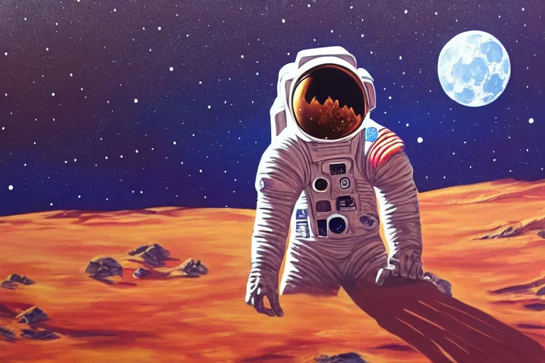 Image similar to an astronaut laying on mars in the style of flooko, acrylic art, detailed, moonlight,