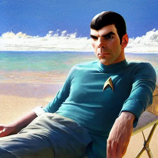 Prompt: portrait of ZACHARY QUINTO SPOCK posing for fashion magazine, beach, sun shining, (SFW) safe for work, photo realistic illustration by greg rutkowski, thomas kindkade, alphonse mucha, loish, norman rockwell