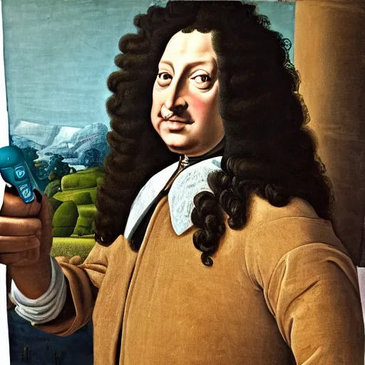 Image similar to Louis XIV wearing a Fortnite hoody, oil on canvas in the style of Botticelli