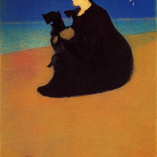 Image similar to a woman and her black chihuahua by the sea odilon redon