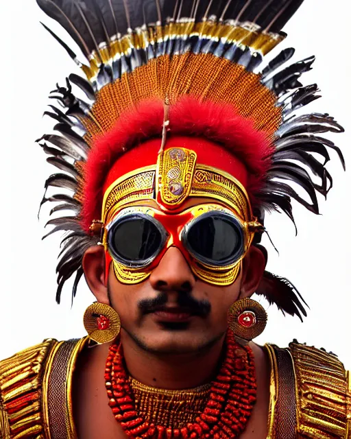 Image similar to photo of a Dramatic Theyyam male dancer with red indian headgear painted face wearing futuristic goggles space helmet and Roman soldier metallic armour with traditional theyyam costume in the style of stefan kostic, full body, feather native american headgear, realistic, sharp focus, symmetric, 8k high definition, insanely detailed, intricate, elegant, art by stanley lau and artgerm, Hajime Sorayama, William-Adolphe Bouguereau