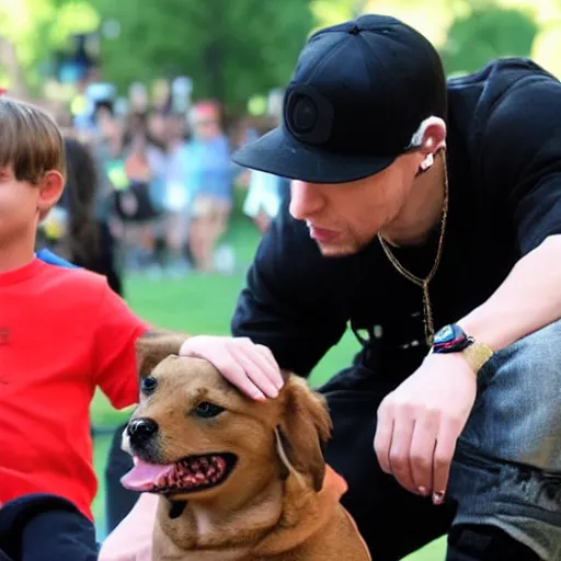 Prompt: Eminem and a dog plays with Lego at Central park