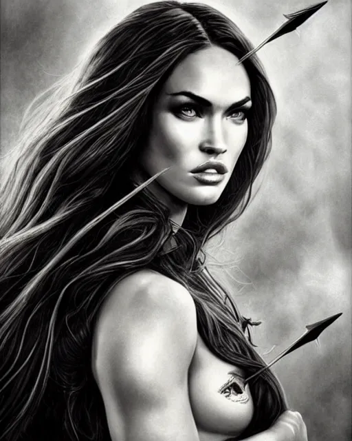 Image similar to portrait of beautiful megan fox as greek goddess aphrodite, archer, arrow on the head, beautiful piercing eyes, flowing blonde hair, realistic face, black and white drawing, in the style of greg rutkowski, fantasy, amazing detail, epic, intricate, elegant, smooth, sharp focus