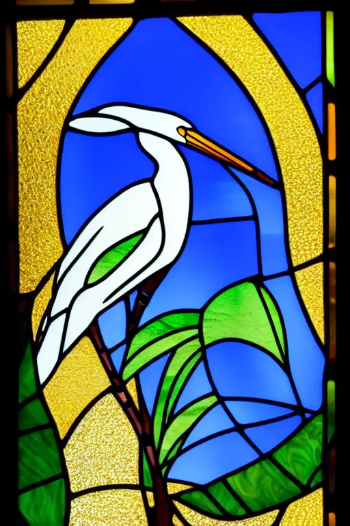 Magnificent! Egret Heron And Hibiscus Flowers Stained Glass Window Panel