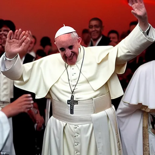 Image similar to the pope at a dj event dancing with wild fury, barack obaama laughing