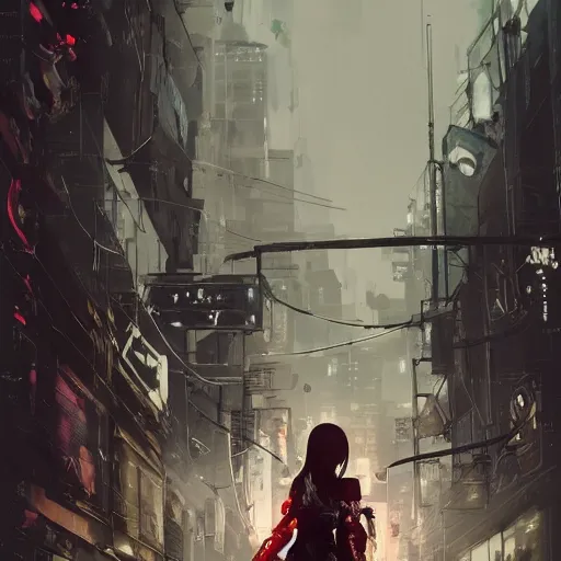 Prompt: highly detailed portrait of a young post-cyberpunk lady with a wavy black hair, by Dustin Nguyen, Akihiko Yoshida, Greg Tocchini, Greg Rutkowski, Cliff Chiang, 4k resolution, nier:automata inspired, bravely default inspired, vibrant but dreary red, brown, black and white color scheme!!! ((Graffiti cyberpunk dystopian street background))