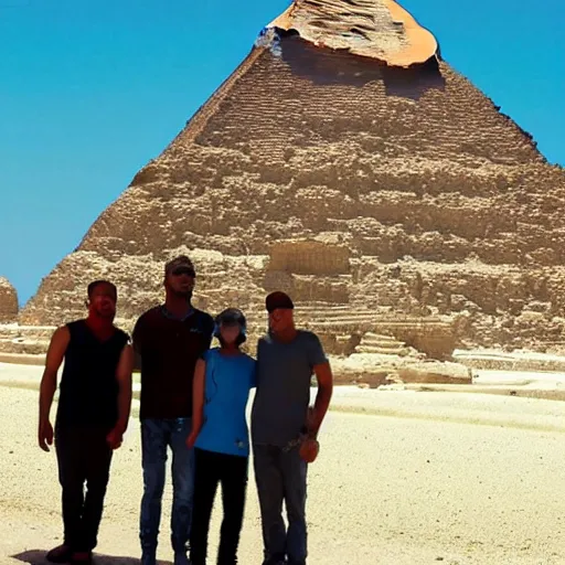 Prompt: realistic photo of egyptian gods standing in front of the pyramids