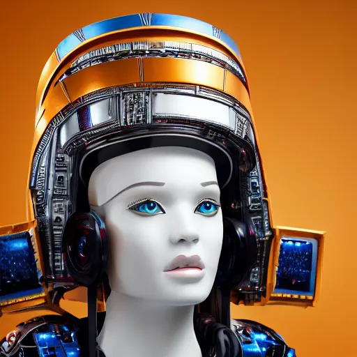 Image similar to centered fine studio photograph of a young woman wearing only a futuristic mecha Mayan helmet with bright lights, designed by Efrain Recinos, chest and face, ultra-realistic, white background, 8k HDR, shallow depth of field, intricate