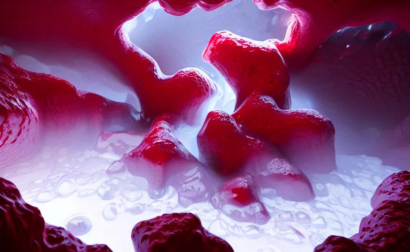 Image similar to liquid nitrogen and red water-cooling coolant flowing through latent representations of ice caverns by centrifugal forces, gaming pc circuitry sticking out the walls!!!!, high detail, high contrast!, low-poly elements!!!, trending on artstation, octane render, subsurface scattering, 4k