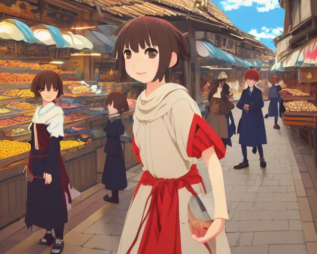Prompt: anime visual, portrait of a young female traveler in an open medieval market shopping, cute face by yoh yoshinari, katsura masakazu, cool studio lighting, dynamic pose, dynamic perspective, strong silhouette, anime cels, ilya kuvshinov, cel shaded, crisp and sharp, rounded eyes, moody