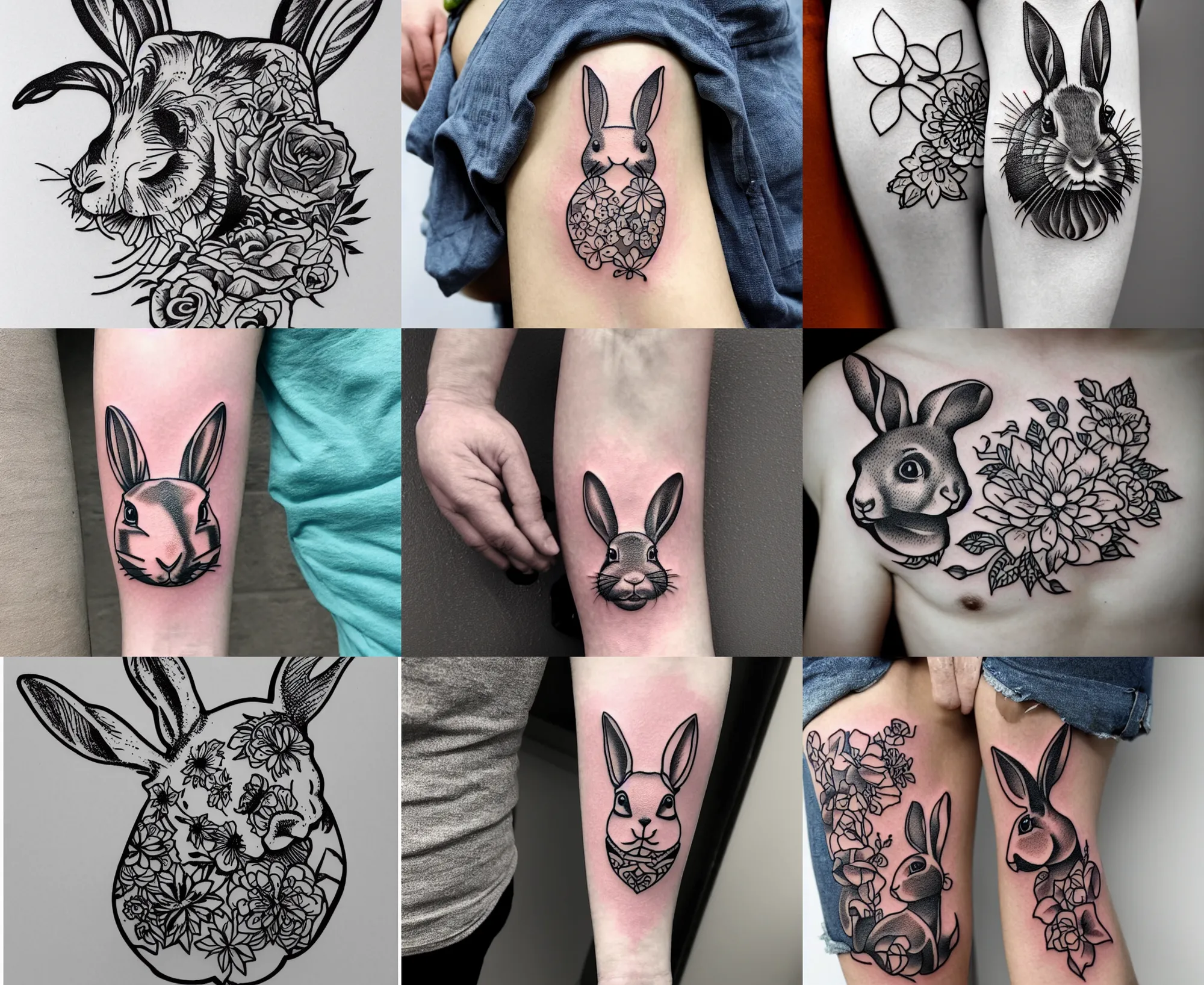 Image similar to tattoo stencil floral, rabbit