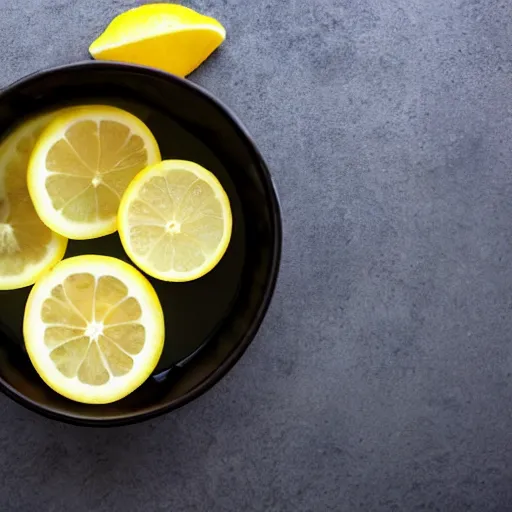 Prompt: bowl of water with slices of lemon floating in it