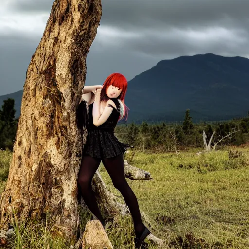 Image similar to misa amane looking away, standing near a dead tree with mountain in the background, sunset with cloudy skies, in a different realm, award winning dslr photography, clear image, global illumination, radiant lighting, intricate environment