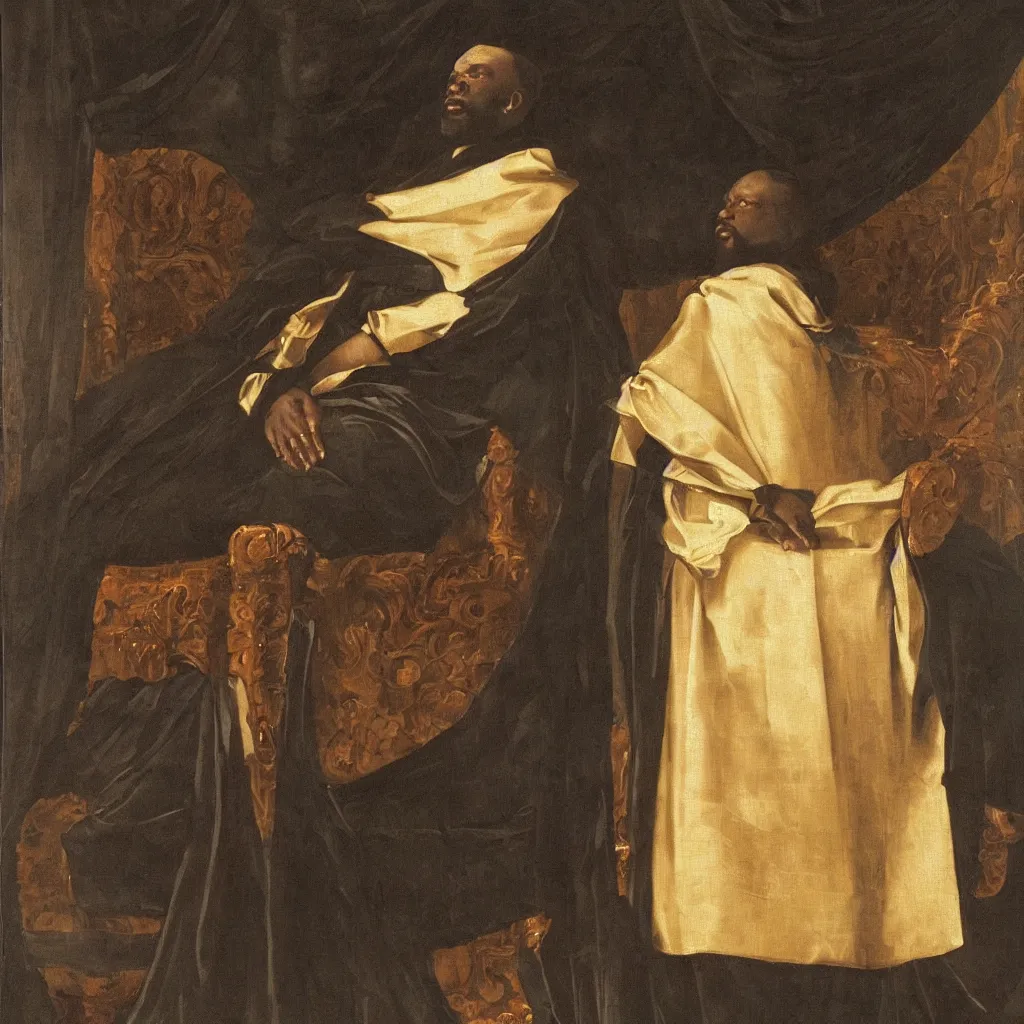 Image similar to Large black man sitting on throne wrapped in silk, background made of large folding curtains, dimly lit, dark, renaissance painting, style of carrivagio