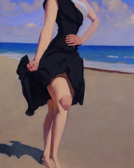 Image similar to woman on the beach in black dress, full body, leyendecker style, camera glare in oil style,