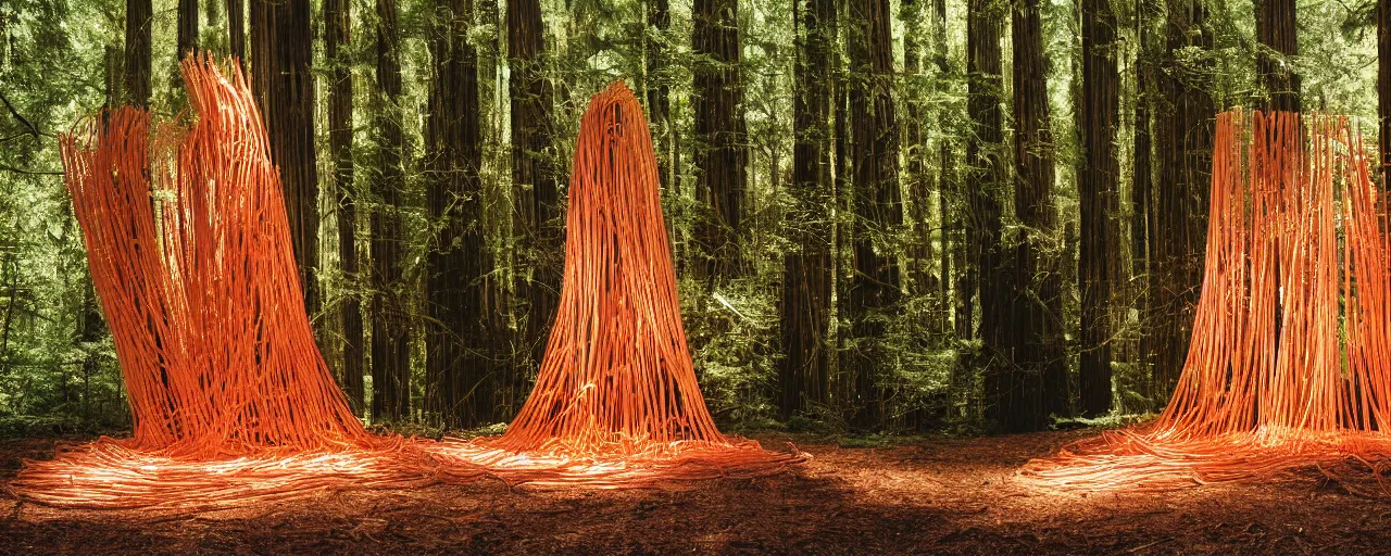 Image similar to a giant spaghetti sculpture, hit by a ray of sunshine, in a redwood forest, canon 5 0 mm, cinematic lighting, photography, retro, film, kodachrome