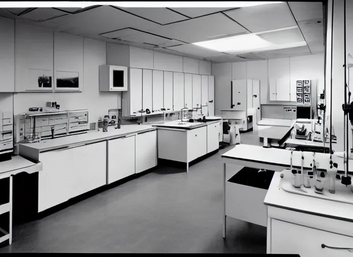 Image similar to realistic interior photo of wooden science laboratory, with white plastic appliances 1 9 9 0, life magazine photo