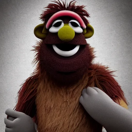 Image similar to a still of a forgotten muppet character looking very manly and modern, hilarious, laughing, hairy chest, huge chin, manly monster tough guy, roughled fur, photo real, photographic, photograph, artstation, trending, featured