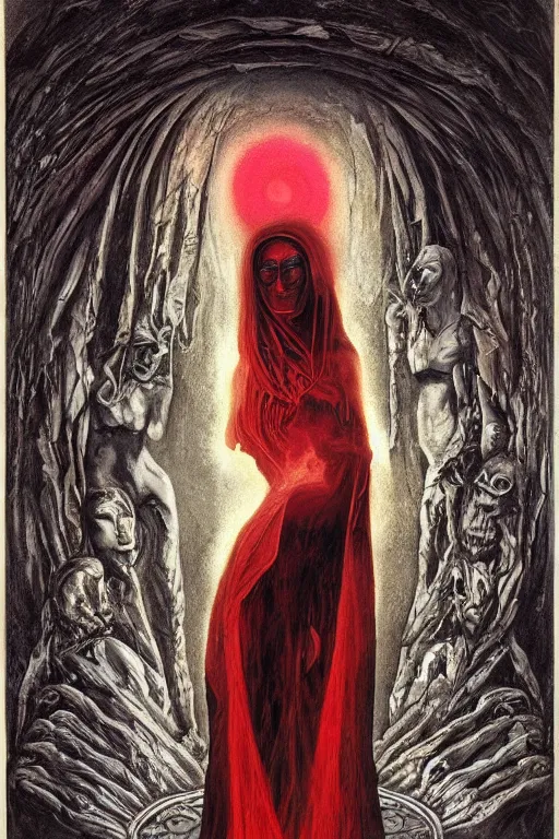 Prompt: mysterious occult woman, shrouded in black and red, hovering over the ground in front of a portal opening up into the depth of a new realm, epic surrealism 8k oil painting, high definition, post modernist layering, by Ernst Fuchs, John Howe