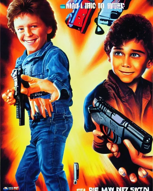 Image similar to 80s movie poster where a happy boy befriends a magic GLOCK 17, Drew Struzan