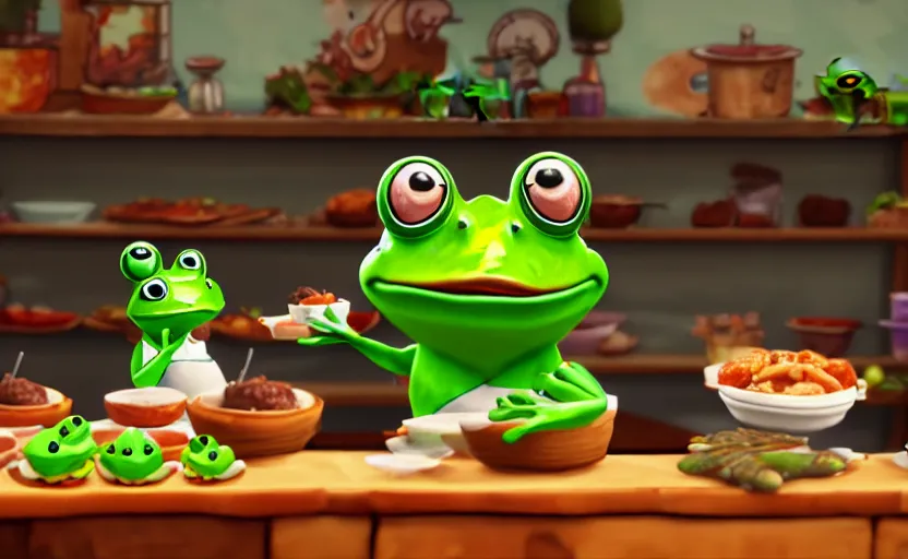 Image similar to ps 4 game about a cute frog chef in italy, unity screenshot,