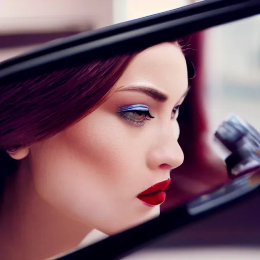 Image similar to a close - up of young woman looking in rear view mirror doing makeup, applying lipstick, photorealistic, hyperrealism, high resolution, ultra - detailed, k 4, kodak portra 4 0 0