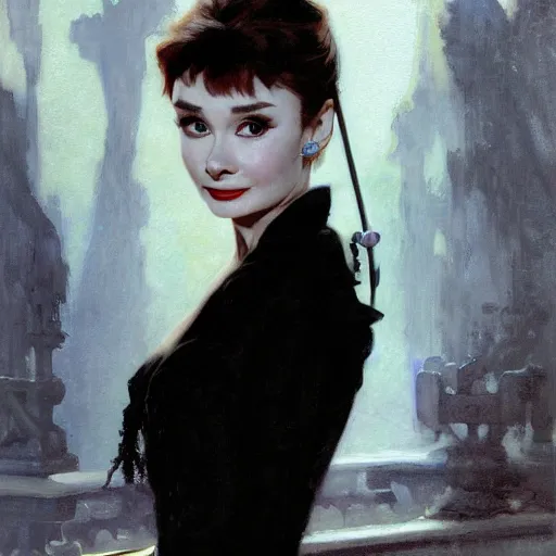 Image similar to detailed realistic cinematic wide shot of beautiful attractive audrey hepburn vampire woman wearing black bath robe slim face symettrical face clean skin black eyes black robe smooth, sharp focus, ultra realistic, spring light, painting by gaston bussiere, craig mullins, j. c. leyendecker