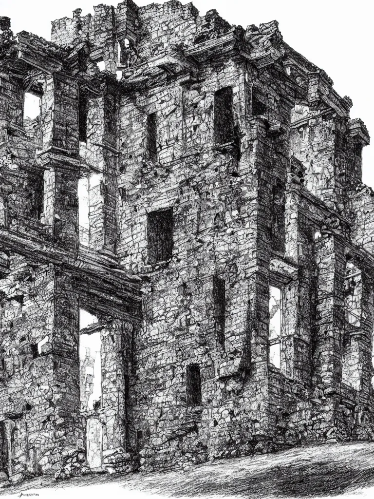 Image similar to A pen drawing of a dilapidated ancient castle building in the wood, by Juan Francisco Casas, high detailed