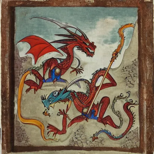 Image similar to two dragons in a castle fighting knights in the middle ages