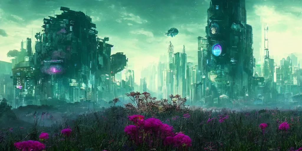 Image similar to A cyberpunk dreamscape showing an alien landscape covered in mystical flowers | Dreamworks Films Art | Depth of Field | 4k